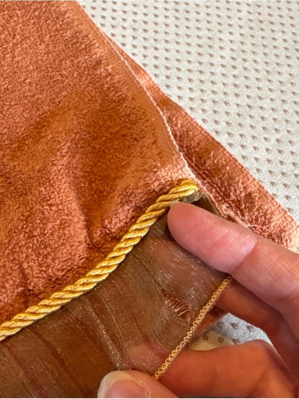 TWO Vintage Avanti Rust Orange‎ Bath Towels with Gold Embroidered Scroll